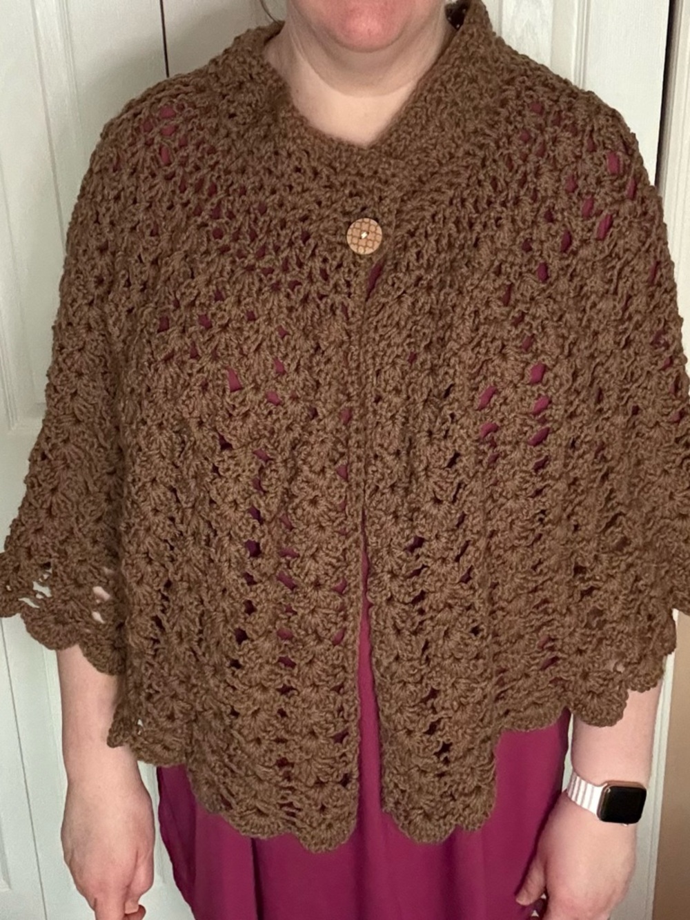 Hand Crafted Brown Crochet Capelet with Button Closure